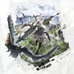 1girl absurdres antlers arknights arknights:_endfield bare_shoulders black_gloves black_hairband black_skirt black_thighhighs bow_(weapon) commentary crossbow drone firewatch_(arknights) full_body garter_straps gloves grass green_jacket green_shirt grey_eyes grey_hair hair_between_eyes hairband highres holding holding_crossbow holding_weapon horns jacket long_hair long_sleeves outstretched_arms plant science_fiction shirt skirt sleeveless sleeveless_shirt solo standing thighhighs twitter_username unitaka weapon zoom_layer