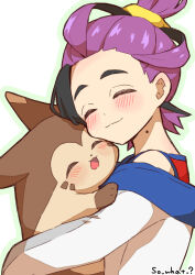 1boy affectionate black_hair blush closed_eyes closed_mouth commentary_request from_side furret gen_2_pokemon highres holding holding_pokemon jacket kieran_(pokemon) male_focus mole mole_on_neck multicolored_hair nintendo pokemon pokemon_(creature) pokemon_sv purple_hair red_shirt shirt sleeveless sleeveless_shirt smile so_what216 two-tone_hair white_background white_jacket