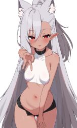 1girl absurdres animal_ears bare_arms bare_shoulders black_choker black_shorts breasts choker choko_(hrodvitnir) closed_mouth commentary_request commission covered_erect_nipples cowboy_shot crop_top dark-skinned_female dark_skin extra_ears half_updo highres korean_commentary long_hair looking_at_viewer micro_shorts midriff navel open_fly original outstretched_arm pointy_ears red_eyes second-party_source shirt shorts simple_background sleeveless sleeveless_shirt small_breasts smile solo stomach thighs tongue tongue_out v very_long_hair w.k white_background white_hair white_shirt