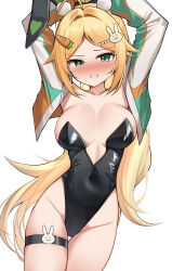 1girl absurdres ahoge animal_ears armpit_peek arms_behind_head arms_up black_leotard black_survival blonde_hair blush breasts carrot_hair_ornament cleavage clenched_teeth covered_navel cowboy_shot embarrassed eternal_return:_black_survival fake_animal_ears food-themed_hair_ornament green_eyes hair_ornament hairclip highleg highleg_leotard highres jacket large_breasts leotard long_hair looking_at_viewer multicolored_jacket nicky_blake nicky_blake_(bad_beat) nose_blush official_alternate_costume open_clothes open_jacket parted_bangs playboy_bunny ponytail rabbit_ears raised_eyebrow simple_background solo strapless strapless_leotard teeth thigh_gap thigh_strap thighs two-tone_jacket very_long_hair white_background ziro_(zirorong)