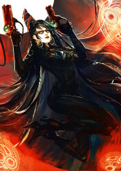 1girl 2017 absurdly_long_hair alternate_costume arms_up bayonetta bayonetta_(series) beehive_hairdo black_bodysuit bodysuit breasts cleavage clenched_hands closed_mouth clothing_cutout collarbone commentary dual_wielding earrings english_commentary female_focus floating_hair full_body glasses gun handgun high_heels highres holding holding_gun holding_weapon jewelry leg_up living_clothes long_hair looking_at_viewer magic magic_circle medium_breasts midriff mole mole_under_mouth n1njaflu0 pistol simple_background solo variant_set very_long_hair weapon white_background