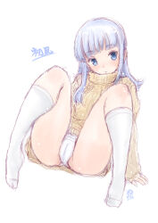 1girl blue_eyes blue_hair blunt_bangs cameltoe character_name commentary_request hatsukaze_(kancolle) kantai_collection koshigaya_tatsumi long_hair looking_at_viewer m_legs one-hour_drawing_challenge panties simple_background socks solo spread_legs sweater underwear white_background white_panties white_socks yellow_sweater