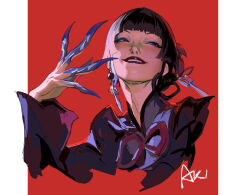 1girl a.k.i._(street_fighter) absurdres alternate_hairstyle claw_(weapon) claw_ring earrings guiguz highres jewelry portrait short_hair smile solo street_fighter street_fighter_6 weapon