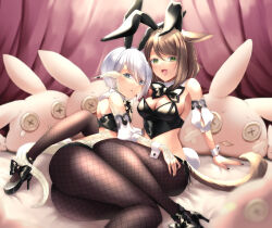 2girls animal_ears au_ra bare_shoulders black_bustier black_nails blue_eyes bow bowtie breasts brown_hair cat_ears cat_girl cat_tail cleavage detached_collar dragon_girl dragon_horns dragon_tail fake_animal_ears final_fantasy final_fantasy_xiv fishnet_pantyhose fishnets green_eyes grey_hair highres horns leotard looking_at_viewer medium_hair miqo&#039;te multiple_girls nanase_kokono pantyhose playboy_bunny rabbit_ears scales short_hair tail warrior_of_light_(ff14)