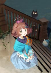 1girl :d ahoge amedama_ameme beanie blue_bow blue_dress blue_eyes blue_hat blue_scarf bow brown_hair carbuncle_(reverse:1999) creature dress flutterpage from_above full_body grass hair_bow hat highres holding holding_jar jar long_dress looking_at_viewer multiple_hair_bows open_mouth orange_scarf pom_pom_(clothes) pom_pom_beanie purple_bow railing red_bow reverse:1999 scarf short_hair smile snail solo stairs two-tone_scarf