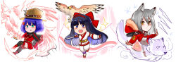 Rule 34 | 3girls, ainu clothes, animal ears, athena-ban, black hair, blue eyes, blue hair, breasts, chibi, crossed arms, fingerless gloves, gloves, green eyes, grey hair, haida (warship girls r), hair ribbon, highres, legs, long hair, mamahaha, multiple girls, nakoruru, pants, ribbon, samurai spirits, small breasts, smile, snk, the king of fighters, thighs, warship girls r, weapon, wolf ears, yellow eyes