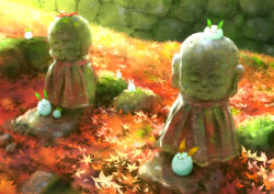 autumn autumn_leaves closed_eyes leaf no_humans original outdoors rabbit scarf scenery snow_rabbit statue sunlight yukoiwase