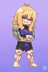 Rule 34 | 1girl, abs, antenna hair, arm tattoo, barefoot, blonde hair, breasts, crossed arms, gloves, grid background, highres, isshou senkin, kozushi623, large breasts, looking at viewer, muscular, muscular female, patterned background, purple background, sena riko (isshou senkin), signature, smile, smirk, solo, sportswear, standing, tattoo, yellow eyes
