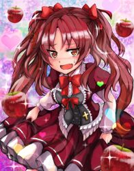 1girl absurdres apple bow bowtie dress food fruit heart highres looking_at_viewer mahou_shoujo_madoka_magica open_mouth orange_eyes red_bow red_bowtie red_dress red_hair sakura_kyoko short_twintails solo sparkle twintails ura47869454
