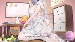 1girl ahoge animated audible_music audible_speech azur_lane baby_bottle back backless_outfit bird blinking blush book bottle bouncing_ass bouncing_breasts breasts calendar_(object) character_name chest_of_drawers chick closed_eyes closed_mouth copyright_name english_text flower from_behind grey_hair hair_flower hair_intakes hair_ornament hands_up holding holding_book illustrious_(azur_lane) illustrious_(our_private_&quot;study&quot;_session)_(azur_lane) indoors large_breasts live2d long_hair looking_at_viewer manjuu_(azur_lane) no_eyes no_shoes nose_blush official_alternate_costume official_art on_floor own_hands_together panties pantyhose penetration_gesture promotional_art purple_flower seiza sitting sound star_(symbol) strap_gap subtitled tagme thighs thong tri_tails twisted_torso underwear very_long_hair video white_panties white_pantyhose wooden_floor zoom_layer