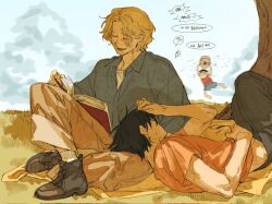 3boys arm_up arms_up barefoot bee beehive black_hair blonde_hair blue_shirt blue_shorts book brothers bug closed_eyes collared_shirt commentary_request crew_neck fingernails grass highres holding insect korean_commentary korean_text leaff00 lying male_focus monkey_d._luffy multiple_boys on_back one_piece open_book open_collar open_mouth orange_shirt outdoors parted_hair portgas_d._ace red_shirt sabo_(one_piece) scar scar_across_eye scar_on_face shirt short_sleeves shorts siblings sitting sky speech_bubble t-shirt teeth translation_request white_shirt wing_collar