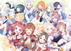 Rule 34 | 6+girls, :d, ahoge, anniversary, arimura mao, asymmetrical bangs, blonde hair, blue eyes, blue shirt, blush, braid, brown eyes, brown hair, closed eyes, commentary request, everyone, fang, flower, fujita kotone, gakuen idolmaster, gradient hair, green eyes, green hair, grey hair, hair bun, hair flaps, hair flower, hair ornament, hair over one eye, hair ribbon, hairclip, hajime (idolmaster), hanami saki, hanami ume, hataya misuzu, himesaki rinami, holding hands, idolmaster, index finger raised, interlocked fingers, juo sena, katsuragi lilja, kuramoto china, long hair, looking at viewer, multicolored hair, multiple girls, official alternate costume, one eye closed, open mouth, orange eyes, orange hair, outstretched arm, outstretched hand, pink hair, pjkuasu, pointing, pointing at viewer, purple eyes, purple hair, red hair, ribbon, shinosawa hiro, shirt, shiun sumika, short hair, skin fang, smile, teeth, tsukimura temari, twin braids, two side up, upper teeth only