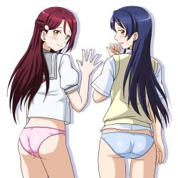 2girls ass blouse blue_hair blue_panties blush closed_mouth commentary_request commission cowboy_shot crotch_seam dress_shirt from_behind grey_sailor_collar half_updo highres lielos long_hair looking_at_viewer looking_back love_live! love_live!_school_idol_project love_live!_sunshine!! multiple_girls no_pants open_mouth otonokizaka_school_uniform panties partial_commentary pink_panties pixiv_commission red_hair sailor_collar sakurauchi_riko school_uniform serafuku shadow shirt short_sleeves simple_background smile sonoda_umi standing sweater underwear uranohoshi_school_uniform waving white_background white_shirt yellow_eyes yellow_sweater