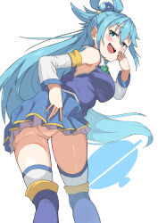 Rule 34 | absurdres, aqua (konosuba), ass, blue boots, blue hair, blue shirt, blue skirt, boots, breasts, commentary request, detached sleeves, from behind, hair ornament, hair rings, highres, kono subarashii sekai ni shukufuku wo!, large breasts, long hair, looking back, no panties, onabe915, open mouth, shirt, single hair ring, skirt, smug, teeth, thighs, very long hair, white background