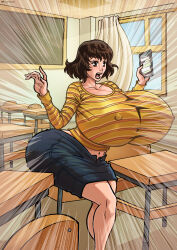 Rule 34 | 1girl, absurdres, ass, ass expansion, breast expansion, breasts, cellphone, classroom, covered erect nipples, curvy, female focus, gigantic breasts, highres, huge ass, kawakami sadayo, midriff, navel, persona, persona 5, phone, short hair, solo