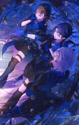 3girls absurdres asymmetrical_gloves awoke_(love_live!) black_gloves black_shorts black_thighhighs blue_gloves blue_hat blue_jacket character_name chromatic_aberration commentary dollchestra english_commentary gloves group_name hat highres holding holding_microphone jacket kachimachi_kosuzu kuzia_(atarayo) link!_like!_love_live! love_live! microphone mini_hat mismatched_gloves multiple_girls murano_sayaka official_alternate_costume over-kneehighs pinstripe_jacket pinstripe_pattern shorts signature song_name standing thigh_strap thighhighs three-quarter_sleeves tilted_headwear twitter_username virtual_youtuber watermark yugiri_tsuzuri