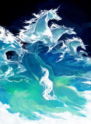 animal animal_focus commentary from_behind hwei no_humans ocean solo_focus standing standing_on_liquid the_last_unicorn the_unicorn_(the_last_unicorn) unicorn water waves