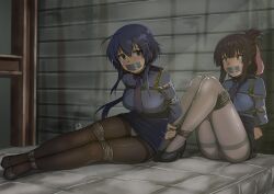 2girls absurdres arms_behind_back bdsm black_footwear blue_eyes blue_hair blue_necktie blue_shirt blue_skirt blunt_bangs blush bondage bound bound_together breasts brown_pantyhose collared_shirt commentary english_commentary folded_ponytail furrowed_brow gag green_eyes hair_between_eyes hair_ornament hairclip high_heels highres improvised_gag large_breasts long_hair long_sleeves looking_at_viewer mole mole_under_eye multiple_girls necktie panties panties_under_pantyhose pantyhose pencil_skirt police police_uniform policewoman restrained rope setouchi_chie shade shibari shirt sidelocks signature skirt sweat tape tape_gag tied_up_(nonsexual) toji_no_miko underwear vakaosciosa variant_set yanase_mai