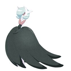 alternate_color black_dress black_gloves blue_hair bob_cut colored_skin dress elbow_gloves gardevoir gen_3_pokemon gloves hair_over_one_eye highres mega_gardevoir mega_pokemon narumiya_pkmn nintendo pink_eyes pokemon pokemon_(creature) shiny_pokemon signature simple_background v_arms white_background white_skin