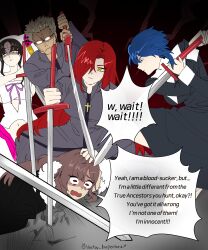 1boy 4girls absurdres alexander_anderson alternate_design artist_name bare_shoulders black_hair black_keys_(type-moon) blonde_hair blue_eyes blue_hair breasts brown_hair ciel_(tsukihime) cleavage cross crossover dialogue_box english_text facial_mark fate/extra fate/grand_order fate_(series) forehead_mark fur_collar glasses gloves hellsing highres holding holding_weapon horns jewelry large_breasts long_hair long_sleeves medium_breasts multiple_girls narbareck red_eyes red_hair scared sessyoin_kiara short_hair sword tattoo tsukihime tsukihime_(remake) vampire vector_inspector24 very_long_hair weapon yellow_eyes yu_mei-ren_(fate)