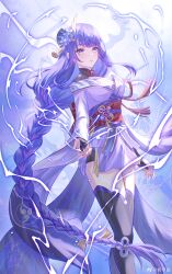 1girl absurdres aqinorz armor black_panties black_thighhighs blue_background blunt_bangs braid bridal_gauntlets clothing_cutout electricity genshin_impact hair_ornament highres japanese_clothes kimono light_blush long_braid long_hair long_sleeves looking_at_viewer looking_to_the_side mitsudomoe_(shape) mole mole_under_eye neck_ribbon panties parted_lips purple_eyes purple_hair purple_kimono purple_ribbon raiden_shogun red_ribbon red_sash ribbon sash shade shoulder_armor shoulder_cutout single_braid solo thighhighs thighs tomoe_(symbol) underwear watermark weibo_username weibo_watermark wide_sleeves