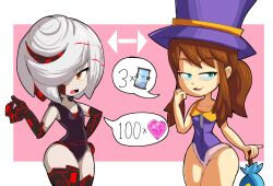 2girls :3 a_hat_in_time arrow_(symbol) black_leotard black_outline blue_eyes border brown_hair collarbone crossover hair_over_one_eye hand_on_own_cheek hand_on_own_face hand_on_own_hip hat hat_kid heart holding holding_umbrella hourglass leotard loli long_hair looking_at_viewer looking_to_the_side multicolored_hair multiple_girls open_mouth outline pink_background ponytail purple_hat purple_leotard red_eyes red_hair sage_(sonic) short_hair simple_background smug sonic_(series) speech_bubble streaked_hair teeth thick_outlines thick_thighs thighs top_hat umbrella upper_teeth_only white_border white_hair yelladrill