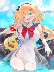 1girl akai_haato akai_haato_(holonatsu_paradise) blonde_hair blue_eyes blue_sky blush bow breasts commentary_request covered_navel cowboy_shot grey_sailor_collar haaton_(akai_haato) hair_bow hair_ornament heart heart-shaped_pupils heart_hair_ornament highres hololive large_breasts neckerchief nishi_ao one-piece_swimsuit one_eye_closed open_mouth outdoors red_nails red_neckerchief red_scrunchie sailor_collar scrunchie sky solo swim_ring swimsuit symbol-shaped_pupils teeth twintails upper_teeth_only v virtual_youtuber wading water wet white_one-piece_swimsuit wrist_scrunchie