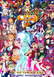 6+boys 6+girls ahoge animal_ears anniversary astral_(yu-gi-oh!) backwards_hat baseball_cap bell black-framed_eyewear black_hair blonde_hair blue_eyes blue_hair bow bowtie breasts brown_hair cathy_(yu-gi-oh!) character_request cleavage closed_eyes commentary_request copyright_name crossed_arms duel_monster everyone eye_mask facial_hair fingerless_gloves gagaga_girl gagaga_magician glasses gloves green-framed_eyewear green_hair grey_hair grin hair_between_eyes hat highres holding holding_pen iii_(yu-gi-oh!) iv_(yu-gi-oh!) kamishiro_ryouga kon_(kin219) kouzuki_anna mizuki_kotori_(yu-gi-oh!) multicolored_hair multiple_boys multiple_girls neck_bell omoteura_tokunosuke one_eye_closed open_mouth orange_eyes orange_hair pants pen pink_hair purple_hair red_bow red_bowtie red_hair smile takeda_tetsuo tenjou_kaito todoroki_takashi tsukumo_yuma two-tone_hair v_(yu-gi-oh!) vest white_pants yu-gi-oh! yu-gi-oh!_zexal