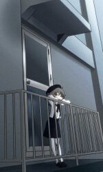 1girl against_railing balcony beret black_footwear black_ribbon black_shirt black_skirt brown_eyes brown_hair closed_mouth day door glass_door half-closed_eyes hat hatoba_tsugu long_sleeves looking_at_viewer magari_(c0rn3r) medium_hair neck_ribbon outdoors pantyhose railing ribbon shirt shirt_tucked_in short_hair skirt smile solo suspender_skirt suspenders tsugu_(vtuber) virtual_youtuber white_pantyhose wide_shot