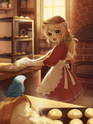 1girl :o animal animal_ears apron back_bow backlighting bakery baking_sheet belt_buckle bird blonde_hair blue_bird blush bow bread bread_bun brick_oven brown_hat buckle commentary_request counter criss-cross_back-straps double-parted_bangs dough dress eyebrows_hidden_by_hair feet_out_of_frame flour food frilled_apron frills from_side gold_trim green_eyes green_scrunchie hair_ornament hair_scrunchie hat hi_hiiii highres indoors kitchen light_particles long_hair long_sleeves looking_at_animal looking_to_the_side open_mouth original oven plant ponytail potted_plant red_dress sack scrunchie shelf shop sidelocks sleeves_rolled_up solo spill standing sunlight tray turning_head white_apron window wooden_floor