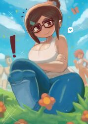 ! 2girls animal bastion_(overwatch) blizzard_(company) blue_boots blue_hat blue_pants blush boots breasts brown_eyes brown_hair bug butterfly cleavage cloud collarbone crossed_arms flower glasses grass hair_bun hair_ornament hairclip hand_on_own_hip hat heart insect large_breasts looking_at_viewer mei_(overwatch) multiple_girls open_mouth orange_pants overwatch pants robot shirt short_sleeves sitting sky smile sparkle speech_bubble spoken_heart standing tank_top thick_thighs thighs tony_welt tracer_(overwatch) white_shirt wide_hips