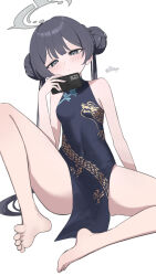 1girl absurdres bare_arms bare_legs bare_shoulders barefoot black_dress black_hair blue_archive blush braid breasts cellphone china_dress chinese_clothes closed_mouth commentary_request covered_navel double_bun dress feet grey_eyes hair_bun half-closed_eyes halo highres holding holding_phone hui_yu_yu_yu_ye kisaki_(blue_archive) knee_up legs long_hair looking_at_viewer phone simple_background sleeveless sleeveless_dress small_breasts solo twintails very_long_hair white_background