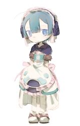 Rule 34 | 1boy, blue eyes, blue hair, blunt bangs, closed mouth, dress, full body, kumiko 11, looking at viewer, made in abyss, maid headdress, male focus, maruruk, short hair, simple background, smile, solo, standing, trap, white background