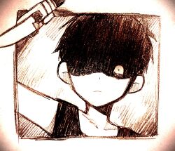 Rule 34 | 1boy, angry, antenna hair, arm up, closed mouth, collarbone, greyscale, highres, holding, holding knife, knife, looking at viewer, male focus, monochrome, nicome 02, omori, omori (omori), shaded face, short hair, solo, tank top, upper body