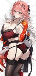 1girl absurdres ass bankongping bed_sheet black_bra black_panties black_thighhighs blush bra braid breasts changli_(wuthering_waves) cleavage colored_extremities dakimakura_(medium) hair_between_eyes highres large_breasts long_hair looking_at_viewer lying multicolored_hair on_side panties pink_hair red_bra red_hands red_panties second-party_source smile solo thighhighs twin_braids two-tone_bra two-tone_hair two-tone_panties underwear white_hair wuthering_waves yellow_eyes