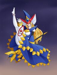 absurdres android anklet armor berkana_(mega_man) blonde_hair blue_armor blue_dress blue_eyes breastplate breasts chest_jewel crossed_legs dress floating forehead_jewel gloves gradient_background hat headphones helmet highres holding holding_staff jet_boots jewelry joints large_breasts leg_up lipstick long_dress long_hair looking_at_viewer makeup mechanical_arms mega_man_(series) mega_man_x_(series) mega_man_xtreme_2 night night_sky no_shoes one_eye_closed plate_armor red_lips robot robot_joints shoulder_armor shoulder_spikes sidelocks sky spikes sprinqgueen staff star_(sky) starry_sky turtleneck white_gloves witch witch_hat