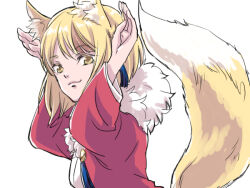 1girl animal_ears blonde_hair fire_emblem fire_emblem_fates fox_ears fox_girl fox_tail fur-trimmed_jacket fur_trim jacket japanese_clothes kitsune multicolored_hair nintendo selkie_(fire_emblem) solo streaked_hair tail two-tone_hair yellow_eyes yoneko