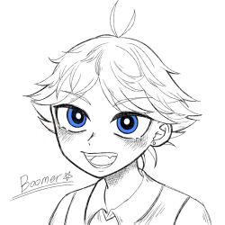 1boy antenna_hair blue_eyes boomer_(ppg) dress_shirt earrings happy highres jewelry looking_at_viewer male_focus open_mouth parapara-yankee parted_bangs portrait powerpuff_girls rowdyruff_boys shirt short_hair single_earring sketch smile solo sweater_vest teeth