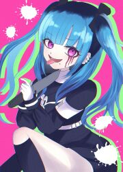 amemiya_darumi armband bed_sheet black_bow black_hair blue_hair bow ear_piercing earrings face_piercing hair_bow highres holding holding_knife holding_weapon jewelry knife last_defense_academy_school_uniform lip_piercing looking_at_viewer multicolored_hair open_mouth piercing pink_eyes simple_background the_hundred_line_-last_defense_academy- tongue tongue_out twintails weapon