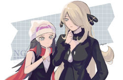 2girls absurdres beanie black_coat black_hair blonde_hair blue_eyes blue_hair breasts closed_mouth coat cynthia_(pokemon) dawn_(pokemon) fur-trimmed_coat fur-trimmed_sleeves fur_collar fur_trim grey_eyes hair_ornament hair_over_one_eye hairclip hat highres kagi0487_(weiss_9610) long_hair long_sleeves looking_at_viewer multiple_girls nintendo poke_ball_print poke_ball_symbol pokemon pokemon_dppt red_scarf scarf shirt sleeveless very_long_hair white_hat