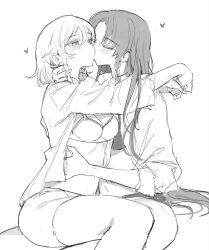 2girls arms_around_neck blush bra braid closed_eyes closed_mouth curtained_hair greyscale heart highres hong_meiling izayoi_sakuya kiss kissing_cheek long_hair monochrome multiple_girls navel open_clothes open_shirt panties sarukana short_hair sitting sketch sleeves_rolled_up thighhighs touhou twin_braids underwear very_long_hair white_background yuri