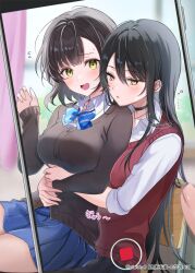 2girls black_cardigan black_choker black_hair blue_bow blue_bowtie blue_skirt bow bowtie breasts cardigan choker collared_shirt diagonal-striped_bow diagonal-striped_bowtie diagonal-striped_clothes flying_sweatdrops highres hug long_hair long_sleeves multiple_girls niwata0 open_mouth original pleated_skirt recording red_sweater_vest ruri-chan_(niwata0) school_uniform shirt short_hair skirt striped_clothes sweater_vest twitter_username white_shirt yellow_eyes yuri