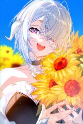 Rule 34 | 1girl, au ra, bustier, choker, dragon girl, dragon horns, final fantasy, final fantasy xiv, flower, highres, holding, holding flower, horns, looking at viewer, motsuni (lxxe1120), open mouth, pink eyes, scales, short hair, smile, solo, sunflower, upper body, warrior of light (ff14), white hair