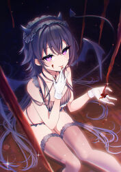 1girl absurdres black_bra black_hair black_horns black_panties black_tail black_wings bra candy chest_harness chocolate chocolate_bar chocolate_on_hand crossed_bangs demon_girl demon_horns demon_tail demon_wings food food_on_hand frilled_bra frilled_panties frilled_thighhighs frills gloves hairband harness highres horns ichinose_uruha ichinose_uruha_(birthday_2023) kiiro_(cocoa080) licking licking_finger lolita_hairband long_hair looking_at_viewer multi-strapped_bra multi-strapped_panties panties pouring purple_eyes sitting string_panties striped_bra striped_clothes tail thighhighs tongue tongue_out underwear vertical-striped_bra vertical-striped_clothes very_long_hair virtual_youtuber vspo! white_gloves wings