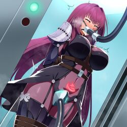 1girl absurdres amibanottoki armor arms_behind_back bdsm between_breasts blush bodysuit bondage bound bound_arms bound_legs breasts commentary_request covered_navel fate/grand_order fate_(series) gagged highres in_container large_breasts long_hair pauldrons purple_bodysuit purple_hair red_eyes restrained scathach_(fate) shoulder_armor strap_between_breasts sweat tube