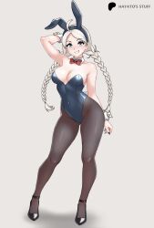 1girl artist_name black_leotard braid breasts covered_navel detached_collar fire_emblem fire_emblem_fates full_body gluteal_fold grin hayato_stuff highleg highleg_leotard highres leotard long_hair looking_at_viewer medium_breasts nina_(fire_emblem) nintendo pantyhose playboy_bunny smile solo strapless strapless_leotard twin_braids twintails white_hair