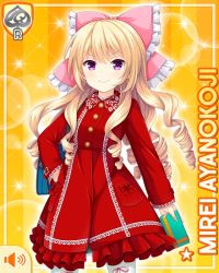 1girl ayanokoji_mirei blonde_hair blouse bow card character_name chocolate closed_mouth curly_hair drill_hair female_focus girlfriend_(kari) green_skirt hair_ornament holding jacket long_hair official_art ouju pink_bow plaid_clothes plaid_skirt purple_eyes qp:flapper red_jacket ringlets shirt shoes skirt smile solo standing tagme v-shaped_eyebrows very_long_hair white_legwear white_shirt yellow_background