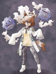 1girl agnes_tachyon_(umamusume) ahoge animal_ears ankle_boots black_necktie black_pantyhose black_shirt boots brown_eyes brown_hair coat commentary english_commentary full_body gen_1_pokemon greatmothsucks grey_background head_tilt highres horse_ears horse_girl horse_tail koffing lab_coat long_sleeves looking_at_viewer necktie nintendo open_mouth pantyhose parody patterned_background pokemon pokemon_(creature) shaded_face shirt shoes short_hair short_necktie simple_background sleeves_past_fingers sleeves_past_wrists smile smoke solo style_parody sugimori_ken_(style) sweater tail teeth test_tube umamusume upper_teeth_only white_coat white_shoes yellow_sweater