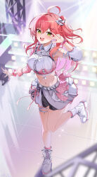 1girl :d absurdres boots center_frills collared_shirt commentary cropped_shirt detached_sleeves double-parted_bangs frills full_body green_eyes hair_ornament hairclip highres hololive hololive_idol_uniform_(color_rise) idol_clothes lace-up_boots long_hair looking_at_viewer mi_ke0224 midriff miniskirt multicolored_shirt navel official_alternate_costume one_side_up open_mouth pink_hair platform_boots platform_footwear puffy_detached_sleeves puffy_short_sleeves puffy_sleeves sakura_miko shirt short_sleeves single_detached_sleeve single_sleeve skirt smile solo stage standing standing_on_one_leg symbol-only_commentary teeth thigh_strap upper_teeth_only virtual_youtuber w white_shirt white_skirt x_hair_ornament