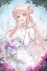 1girl bouquet bridal_veil commentary_request dress flower gloves green_eyes hair_bun hair_flower hair_ornament highres holding holding_bouquet jewelry long_hair looking_at_viewer necklace open_mouth original outdoors pink_flower pink_hair pink_rose rose smile solo tiara tolu_ya veil very_long_hair wedding_dress white_dress white_flower white_gloves